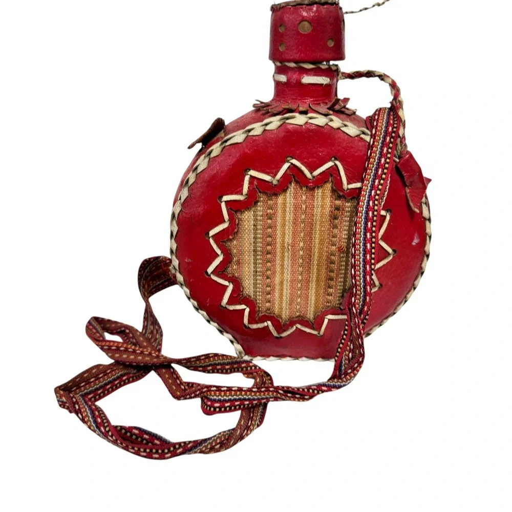 Vintage Red Leather Wrapped Glass Canteen Woven Strap Southwestern Folk Art Boho